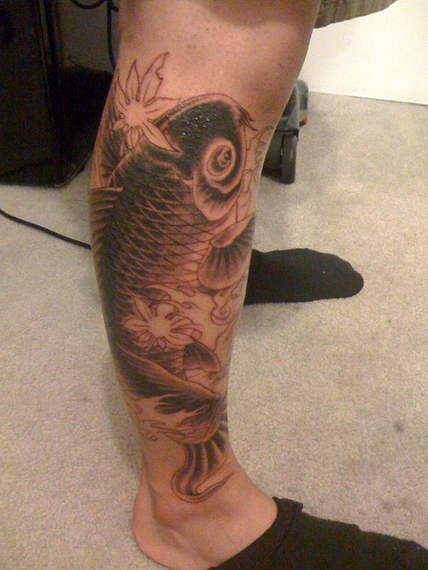 Koi Tattoo Black And Grey Leg