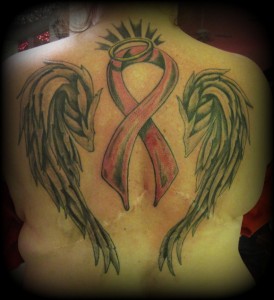 Halo, Pink ribbon and Wings Tattoo