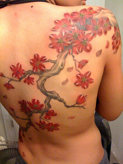cherry blossom tattoo on back