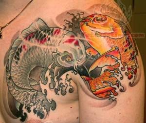 koi fish tattoo on chest and shoulder
