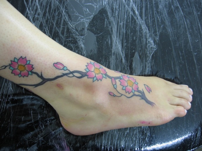 cherry blossom tattoo on ankle