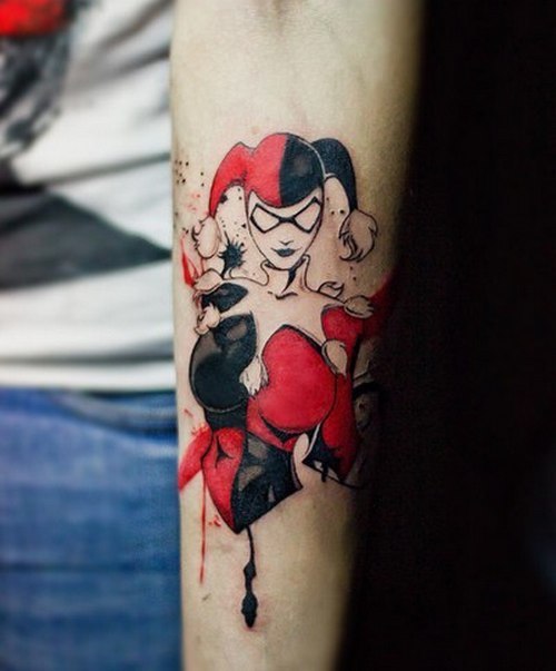 prompthunt tattoo of margot robbie as harley quinn with a sexy look  holding an ace card abstract edges in the style of den yakovlev  realistic face black and white realism tattoo hyper