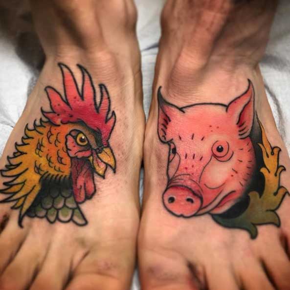 Feet Pig and Chicken tattoo