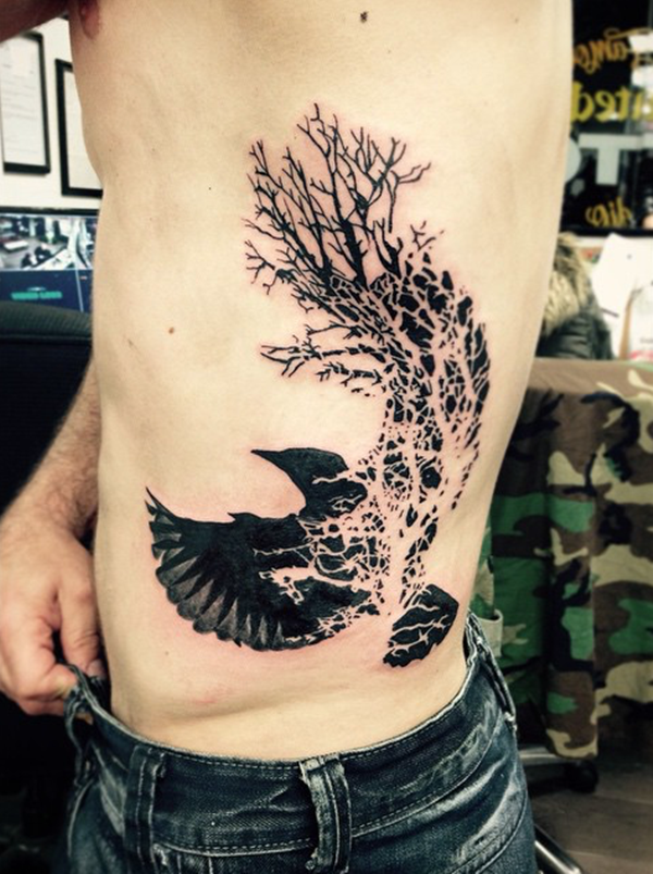 Black Ink Flying Birds And Tree Tattoo On Upperback