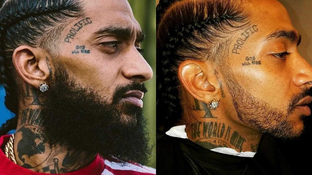 On the right side of his neck Nipsey had the words "WORLD IS MINE"...