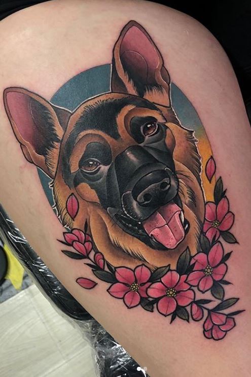 Tattoo uploaded by eyeKANDI ink  portrait eyekandiink lisettemartinez  tattoo art realism portrait bng blackandgrey dog floral flowers  single needle  Tattoodo