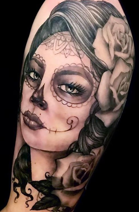 Premium Vector  Illustration lady tattoo sugar skull and rose engraving  ornament