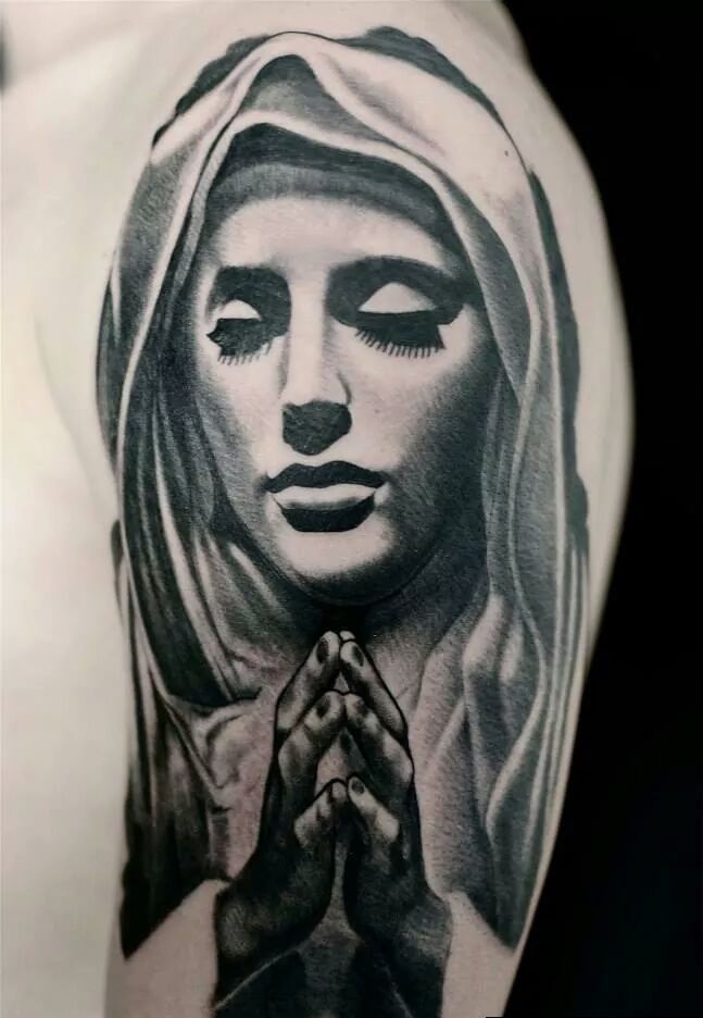 Grey Ink Virgin Mary Tattoo On Arm Sleeve
