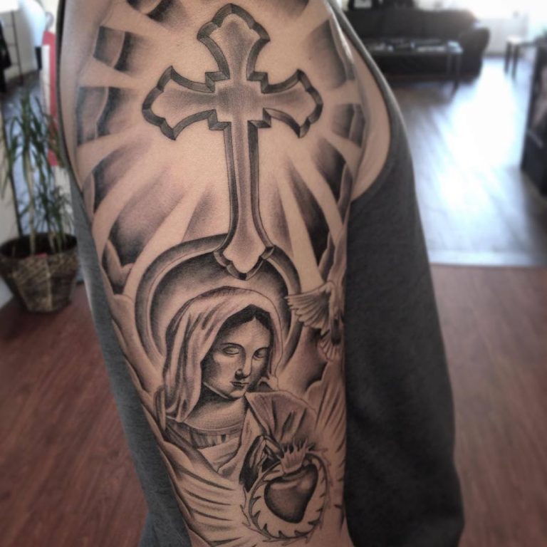 Saint Mary and Jesus Tattoo on arm