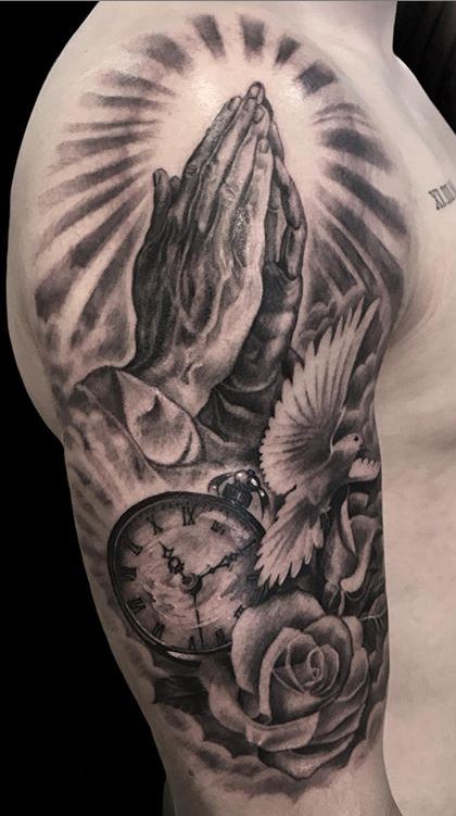 Praying Hands Dove Guardian Angel and Sunburst Temporary Sleeve Tattoos  WannaBeInkcom