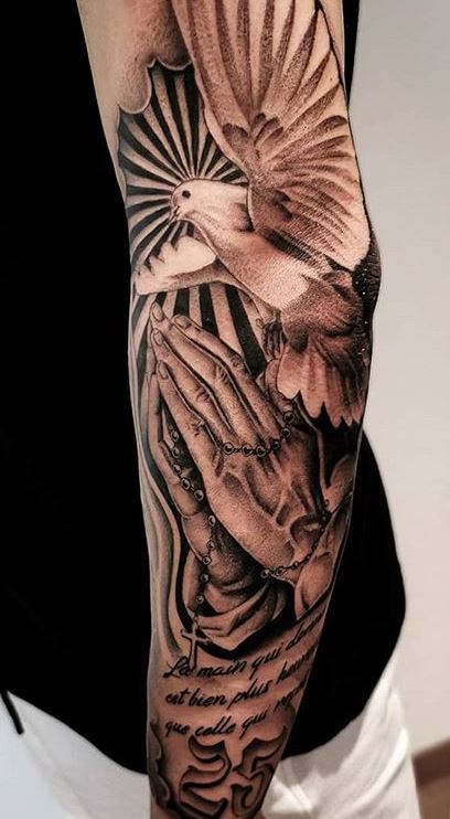 Grey Ink Praying Hand Tattoo On Left Forearm