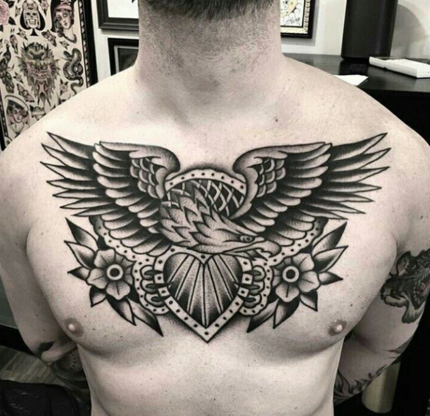 Top Shelf Tattoo  Full chest piece by our resident Trad specialist  frankank Check out his Instagram for available flash and your next  custom design traditional eagle chesttattoo big bird traditionalart  oldschool 