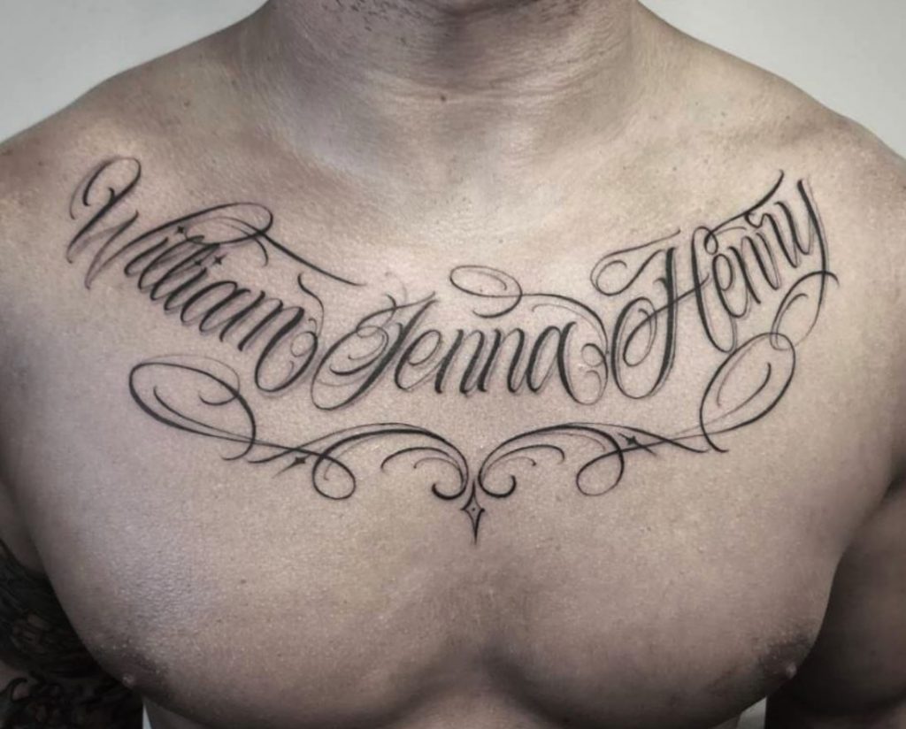 Script Tattoo On Chest And Bicep