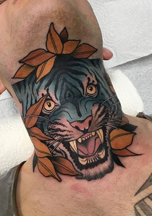 Finished my throat tiger tattoo today art by David Robinson Denver CO  r tattoos