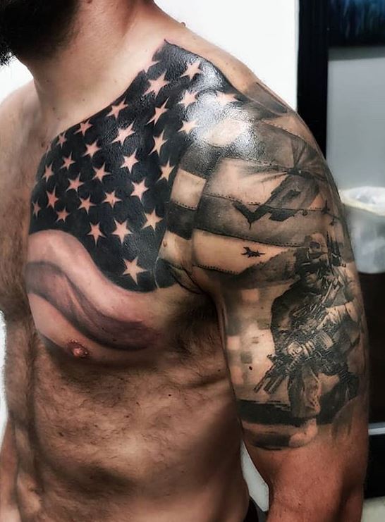 American Flag Tattoo on The Chest and Rib.