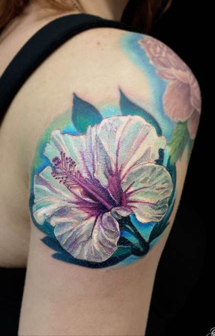 Watercolor hibiscus by Kenny Phillips at Amity Irons Tattoo Amityville  New York  rtattoos