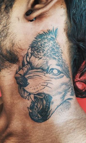 Wolf Head on neck Tattoo by Alfred Hart Blackwork style Inkablycouk