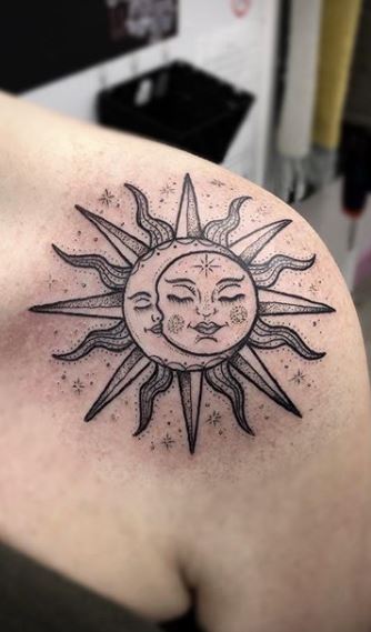 Black Ink Mens Sun And Moon Forearm Tattoo Design Ideas  Sun tattoo designs  Sun tattoo Tattoo designs men