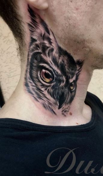 Skull And Open Wings Flying Owl Tattoo On Throat