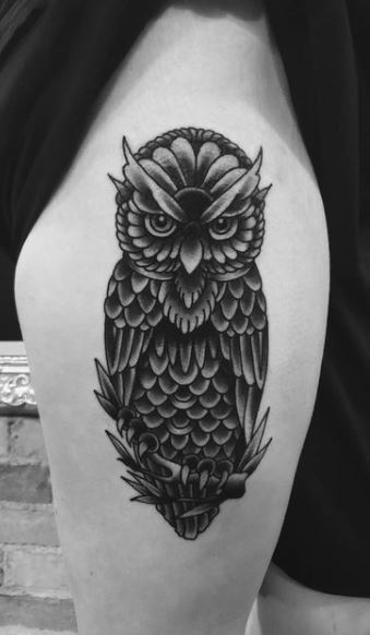 Dark Black Ink Half Sleeve Owl Tattoo For Men