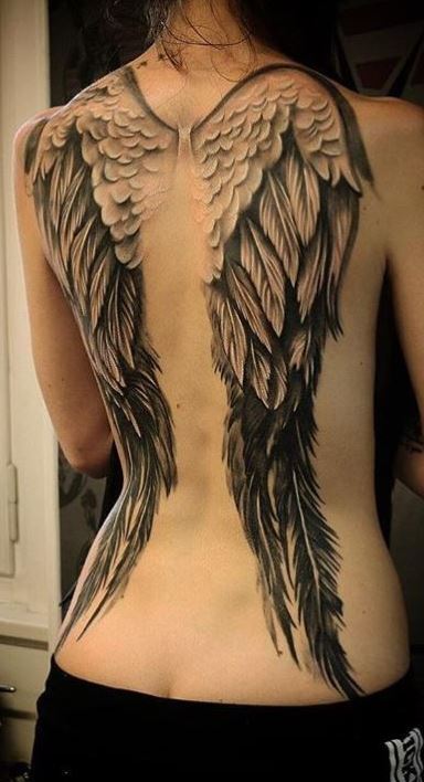 Ankle tattoo silhouette a full black angel in light dress facing back  floating with huge feather wings tattoo idea | TattoosAI