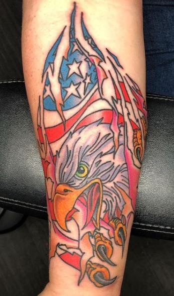 Traditional Style Bald Eagle  American Flag Tattoo on Head