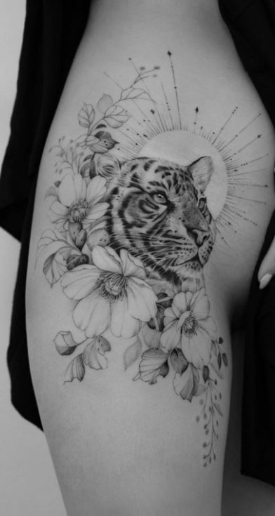 Lily Flowers And Siberian White Tiger Tattoo On Left Half Sleeve