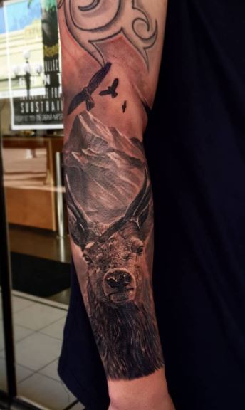 Black and grey realism custom PNW hunting elk fishing father son outdoors  camping mountain forest sle  Tattoo sleeve men Best sleeve tattoos Full  sleeve tattoos