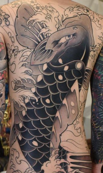Black and grey Koi fish tattoo on back shoulder