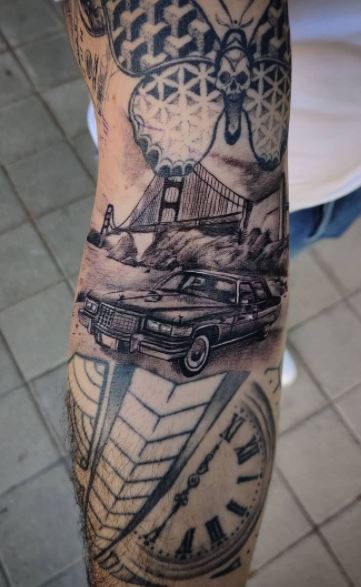 Popular American 3D Racing Car Tattoo On Upper Sleeve