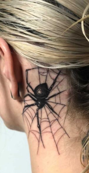 Black Spider Tattoo On Girl Side Neck
