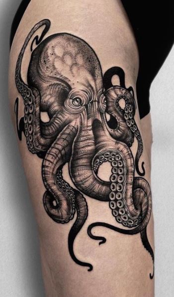 Tattoo uploaded by Lady Sky  octopus thighpiece thightattoo Black  blackandgrey dotwork linework tentacle ocean goldcoastaustralia   Tattoodo