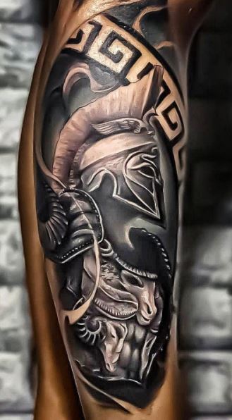 Black Ink Spartan Warrior And LA Buildings Tattoo On Left Half Sleeve By  Spencer Caligiuri