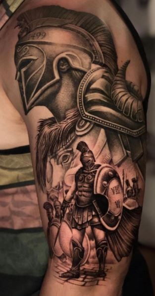matthiasbarkat greek soldier with an sword in a black and white tattoo  style