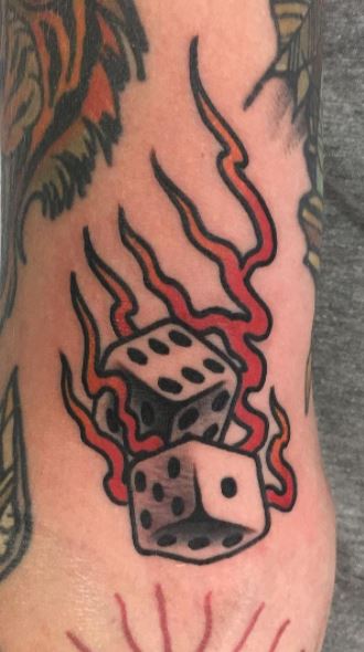Flaming cards n dice tattoo