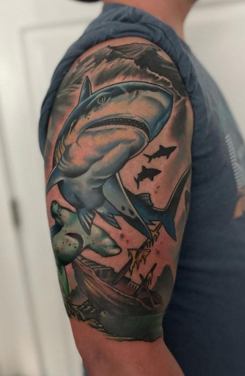 Wanted to show off my cool shark tattoo when it was fresh off the table  Got it in early February  done by aquinotattslvofficial instagram  r tattoo