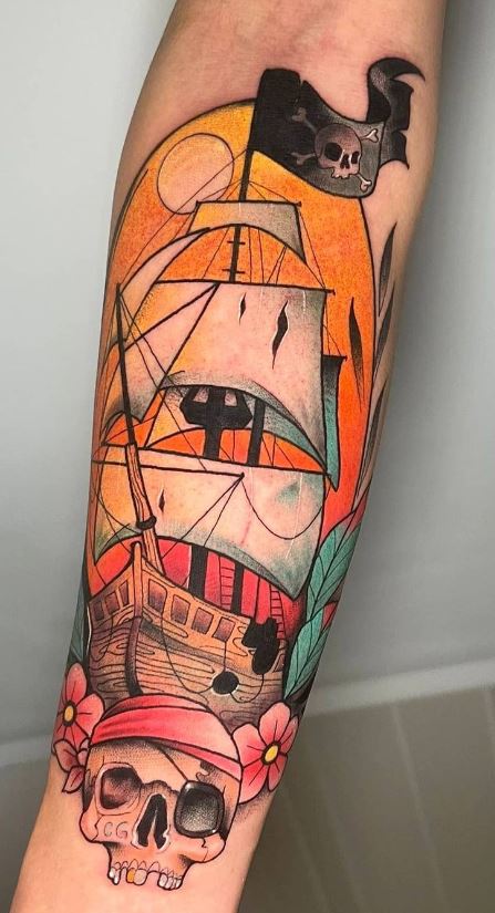 Traditional Ship Tattoo On Arm