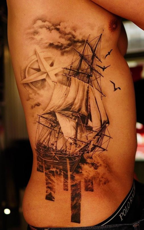 A realistic tattoo design sketch of a pirate ship white backgro   Arthubai