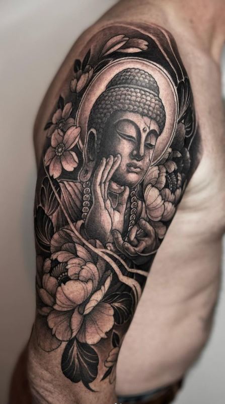 Full Sleeve Tattoo of Lord Buddha with Buddhist Temple  Lotus Flower   Tattoo Studio in India