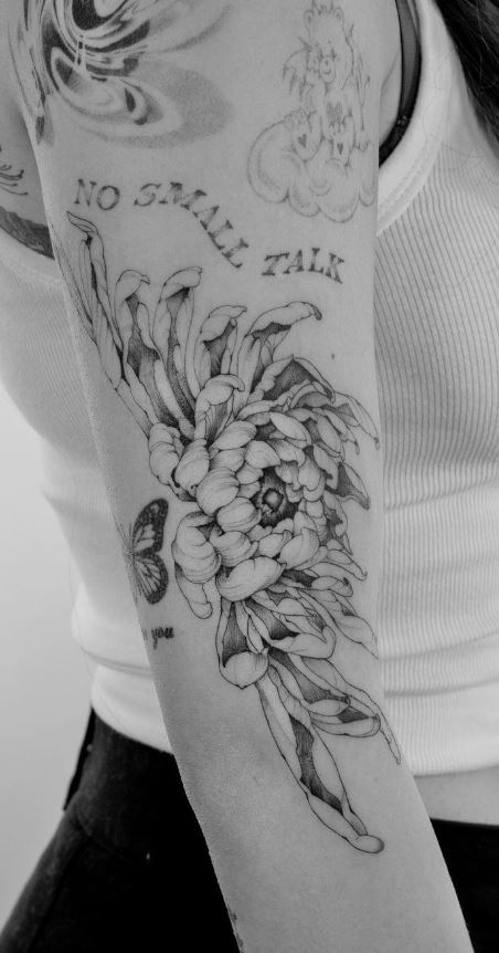 Fine Line Black Work Chrysanthemum Tattoo - Wade Johnston – Vic Market  Tattoo