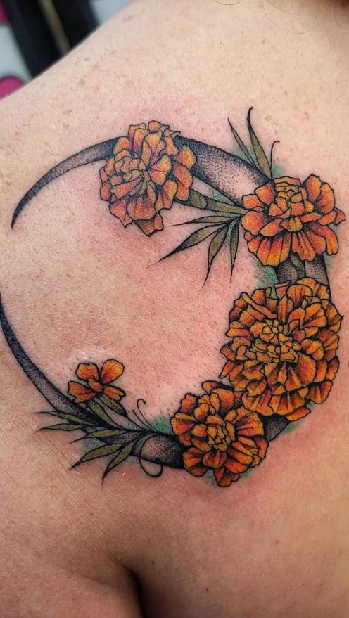 Port 13 Tattoo  marigold and bee by kirakattoos ladytattooer honeybees  gardeningisfun norfolkva 757tattoos flowertattoos colortattoo   Facebook