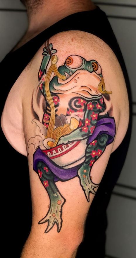 Tattoo uploaded by Alex Travers  frog toad flames japanese  traditional colourtattoo armtattoo  Tattoodo